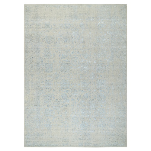 Gray with Touches of Blue, Wool and Plant Based Silk Jacquard Hand Loomed, Tabriz Design, Oriental Rug