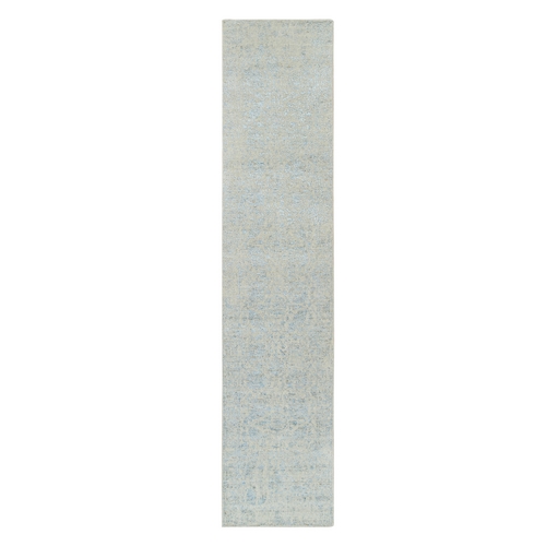 Gray with Touches of Blue, Tabriz Design, Wool and Plant Based Silk Jacquard Hand Loomed, Runner Oriental Rug