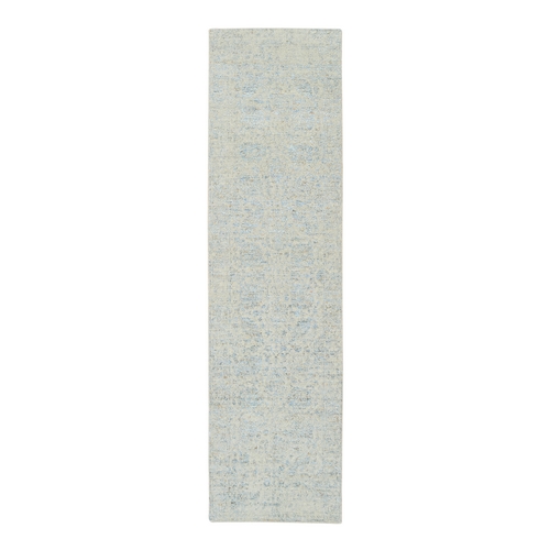 Gray with Touches of Blue, Tabriz Design, Wool and Plant Based Silk Jacquard Hand Loomed, Runner Oriental Rug