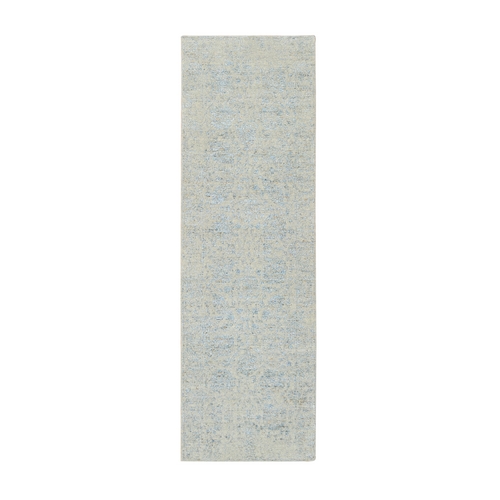 Gray with Touches of Blue, Jacquard Hand Loomed, Tabriz Design Wool and Plant Based Silk, Runner Oriental Rug