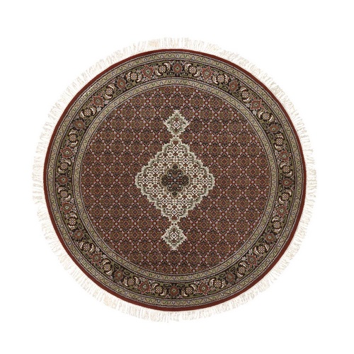 Mahogany Red, Tabriz Mahi with Fish Medallion Design, 175 KPSI, Hand Knotted, 100% wool, Oriental Round Rug