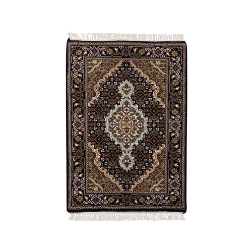 Rich Black, Tabriz Mahi with Fish Medallion Design, Pure Wool, Hand Knotted, 175 KPSI, Mat Oriental Rug