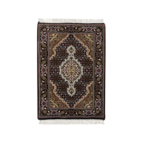 Rich Black, Tabriz Mahi with Fish Medallion Design, 100% Wool, 175 KPSI, Hand Knotted, Mat Oriental Rug Rich Black, Tabriz Mahi with Fish Medallion Design, 100% Wool, 175 KPSI, Hand Knotted, Mat Oriental Rug
