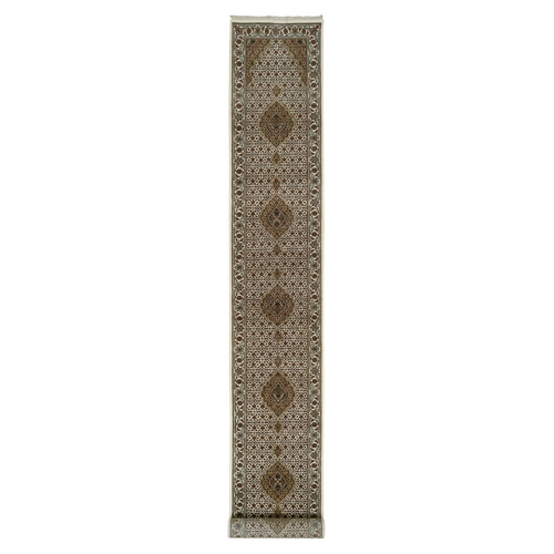 Ivory, Tabriz Mahi with Fish Medallion Design, 175 KPSI, Pure Wool, Hand Knotted, XL Runner Oriental Rug