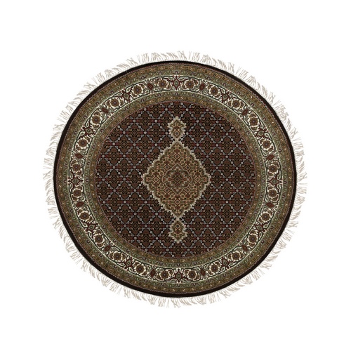 Rich Black, Tabriz Mahi with Fish Medallion Design, Hand Knotted, 175 KPSI, 100% Wool, Round Oriental 