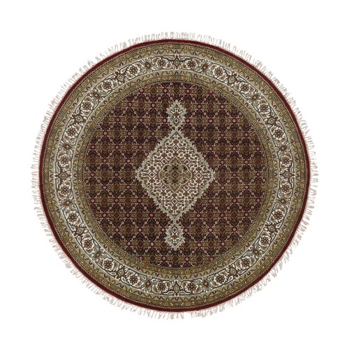 Mahogany Red Tabriz Mahi with Fish Medallion Design, 175 KPSI, Pure Wool, Hand Knotted Round, Oriental 