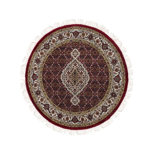 Mahogany Red Tabriz Mahi with Fish Medallion Design, 175 KPSI, 100% Wool, Hand Knotted Round, Oriental Rug