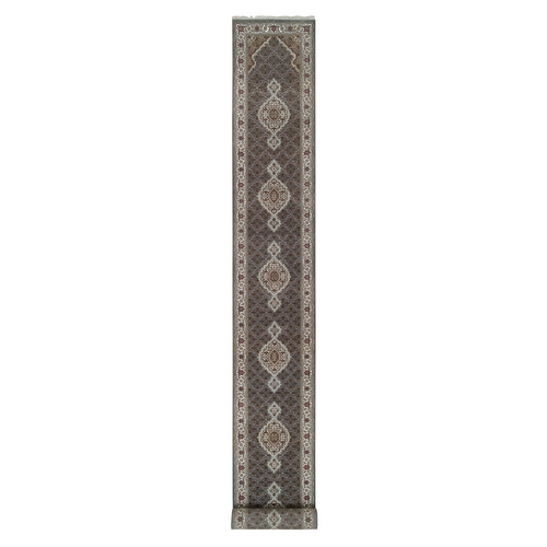 Light Gray Extra Soft Wool and Silk Hand Knotted 175 KPSI Tabriz Mahi with Fish Medallion Design XL Runner Oriental Rug