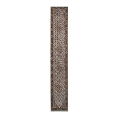 Ivory Tabriz Mahi with Fish Medallion Design Wool and Silk Hand Knotted Runner Oriental Rug