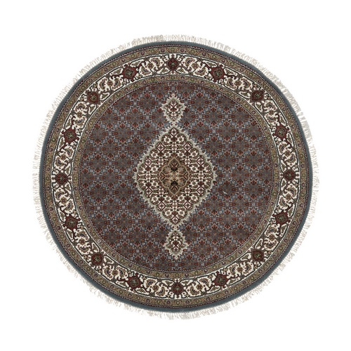 Light Gray, Extra Soft Wool and Silk, Hand Knotted, 175 KPSI Tabriz Mahi with Fish Medallion Design, Round Oriental Rug