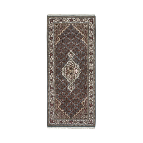 Light Gray, Extra Soft Wool and Silk, Hand Knotted, 175 KPSI Tabriz Mahi with Fish Medallion, Design Runner Oriental 