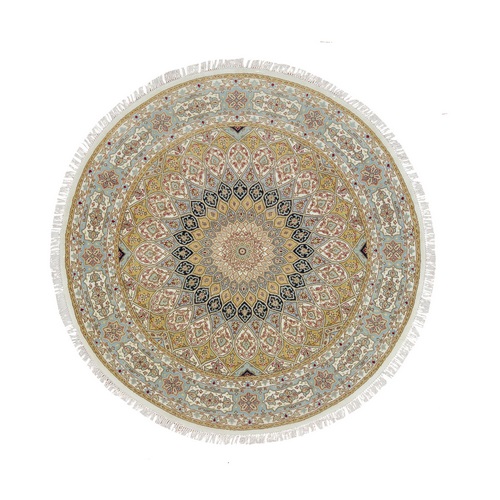Ivory, 250 KPSI Densely Woven, Natural Wool Hand Knotted, Nain with Gumbad Design, Round Oriental Rug