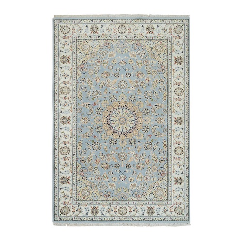 Light Blue, Hand Knotted Nain with Center Medallion Flower Design, 250 KPSI Soft Wool, Oriental Rug