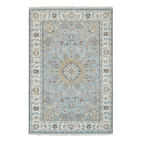 Light Blue, Soft Wool Hand Knotted, Nain with Center Medallion Flower Design 250 KPSI, Oriental 