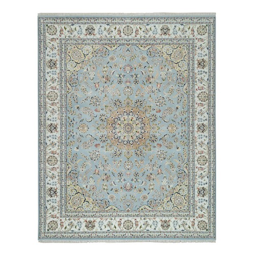 Light Blue, Nain with Center Medallion Flower Design 250 KPSI, 100% Wool Hand Knotted, Oriental 