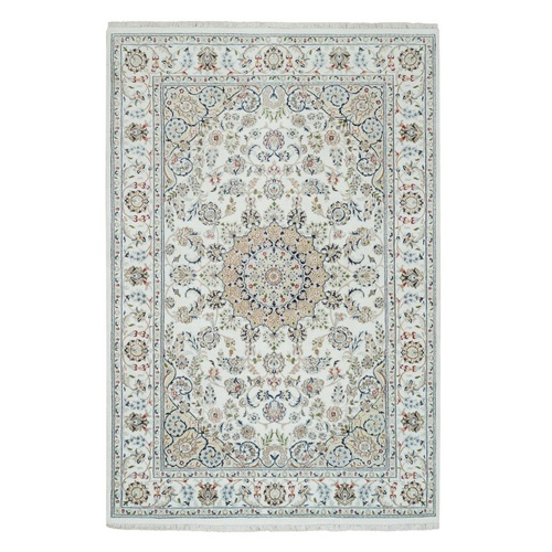 Ivory, Nain with Center Medallion Flower Design 250 KPSI, Pure Wool Hand Knotted, Oriental Rug