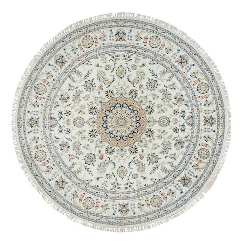 Ivory, Natural Wool Hand Knotted, Nain with Center Medallion Flower Design 250 KPSI, Round Oriental Rug