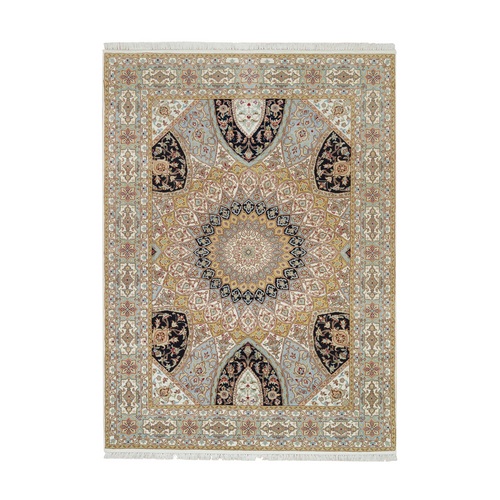 Ivory, Super Fine Weave Natural Wool, Hand Knotted Nain with Gumbad Design, 250 KPSI, Oriental Rug