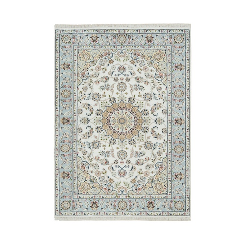 Ivory, Nain with Center Medallion Flower Design, 250 KPSI, Natural Wool, Hand Knotted, Oriental Rug
