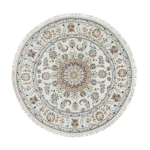 Ivory, Nain with Center Medallion Flower Design 250 KPSI, Pure Wool Hand Knotted, Round Oriental Rug