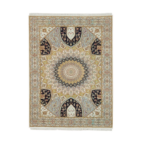 Ivory, 100% Wool Hand Knotted, Nain with Gumbad Design, 250 KPSI Densely Woven, Oriental Rug
