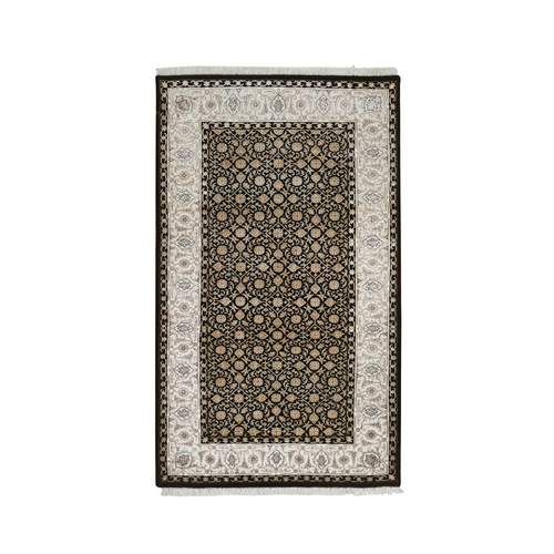 Eerie Black, 250 KPSI Densely Woven, Organic Wool Hand Knotted, Herati with All Over Fish Mahi Design, Oriental Rug