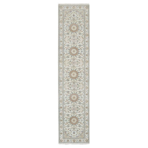 Ivory, 250 KPSI Natural Wool, Hand Knotted Nain with Center Medallion Flower Design, Runner Oriental Rug