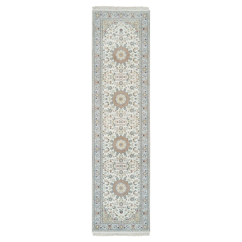 Ivory, Nain with Center Medallion Flower Design, 250 KPSI, Hand Knotted, Pure Wool, Runner Oriental 