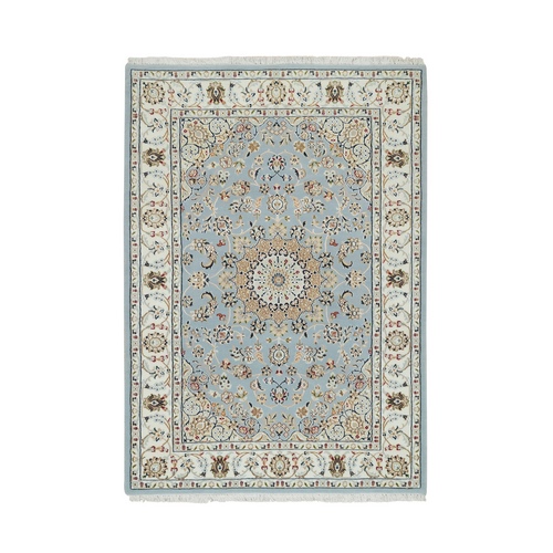 Light Blue, Nain with Center Medallion Flower Design 250 KPSI, Organic Wool Hand Knotted, Oriental 