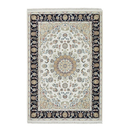 Ivory, Nain with Center Medallion Flower Design, 250 KPSI Super Fine Weave, Extra Soft Wool Hand Knotted, Oriental Rug