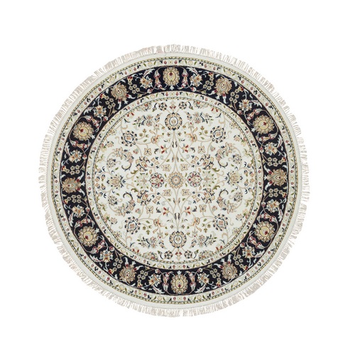 Ivory, Hand Knotted Nain with All Over Flower Design, 250 KPSI Organic Wool, Round Oriental Rug