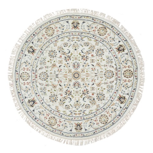 Ivory, Nain with All Over Flower Design 250 KPSI, Organic Wool Hand Knotted, Round Oriental Rug