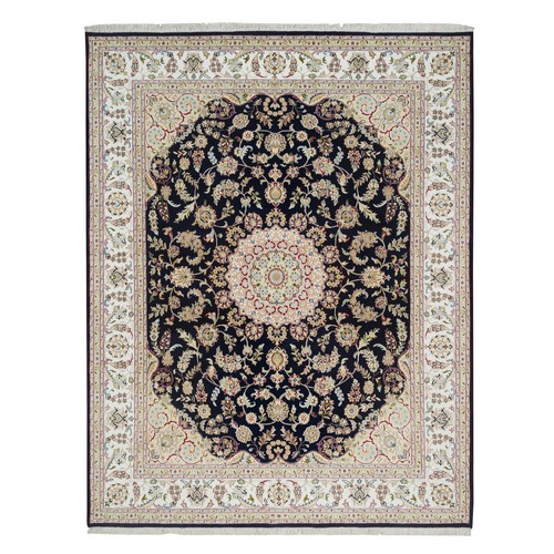 Midnight Blue, Nain with Center Medallion Flower Design, 250 KPSI, Hand Knotted, Extra Soft Wool, Oriental Rug