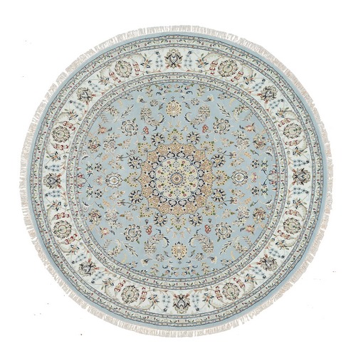 Light Blue, 250 KPSI Extra Soft Wool, Hand Knotted Nain with Center Medallion Flower Design, Round Oriental 