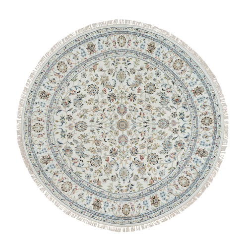 Ivory, Nain with All Over Flower Design 250 KPSI, Soft Wool Hand Knotted, Round Oriental Rug