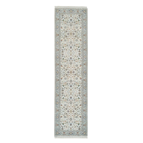 Ivory, Soft Wool Hand Knotted, Nain with All Over Flower Design 250 KPSI, Runner Oriental Rug