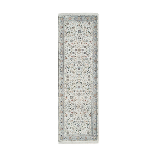Ivory, Nain with All Over Flower Design 250 KPSI, Soft Wool Hand Knotted, Runner Oriental Rug