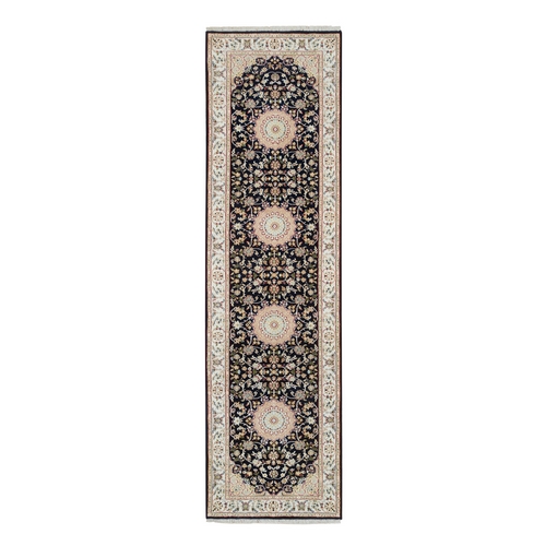 Midnight Blue, Nain with Center Medallion Design, 250 KPSI, Hand Knotted, Natural Wool, Runner Oriental 