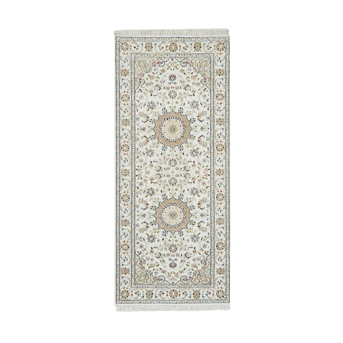 Ivory, Nain with Center Medallion Flower Design 250 KPSI, Soft Wool Hand Knotted, Runner Oriental Rug