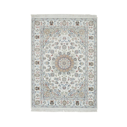 Ivory, Nain with Center Medallion Flower Design 250 KPSI, Natural Wool Hand Knotted, Oriental Rug