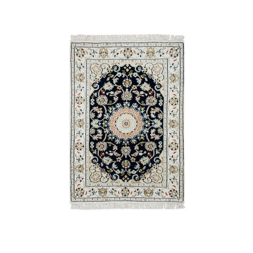 Midnight Blue, Nain with Center Medallion Flower Design, 250 KPSI, Hand Knotted, Pure Wool, Mat Oriental Rug


