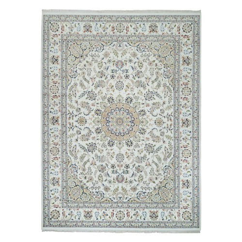 Ivory, Nain with Center Medallion Flower Design, 250 KPSI, Natural Wool, Hand Knotted, Oriental Rug