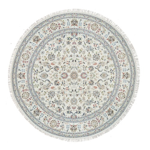 Ivory, Hand Knotted Nain with All Over Flower Design, 250 KPSI Soft Wool, Round Oriental Rug