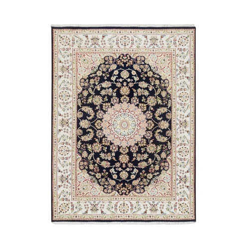 Midnight Blue, Nain with Center Medallion Flower Design, 250 KPSI, Hand Knotted, Organic Wool, Oriental Rug