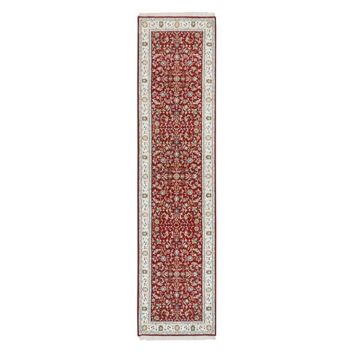 Cherry Red, Hand Knotted Nain with All Over Flower Design, 250 KPSI Extra Soft Wool, Runner Oriental Rug