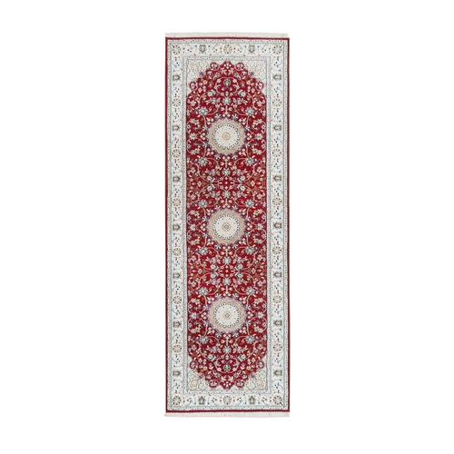 Burgundy Red, Nain with Center Medallion Flower Design, 250 KPSI, Natural Wool, Hand Knotted, Runner Oriental Rug