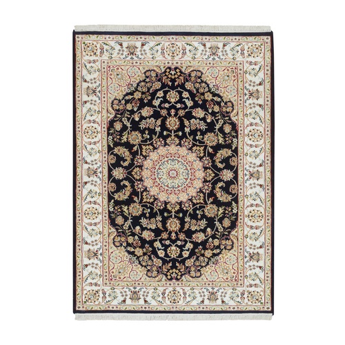 Midnight Blue, Nain with Center Medallion Flower Design, 250 KPSI, Hand Knotted, Soft Wool, Oriental Rug