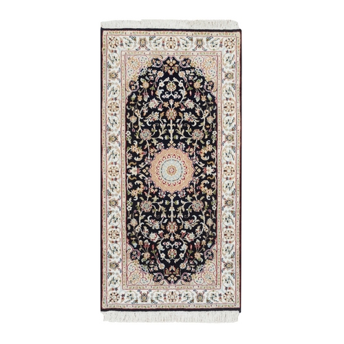 Midnight Blue, Nain with Center Medallion Flower Design, 250 KPSI, Hand Knotted, Natural Wool, Oriental Rug