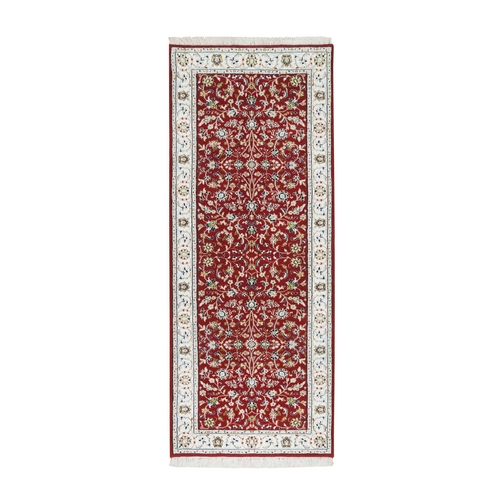 Cherry Red, 250 KPSI Pure Wool, Hand Knotted Nain with All Over Flower Design, Runner Oriental Rug