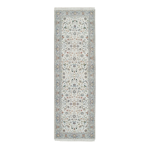 Ivory, 250 KPSI Extra Soft Wool, Hand Knotted Nain with All Over Flower Design, Runner Oriental Rug